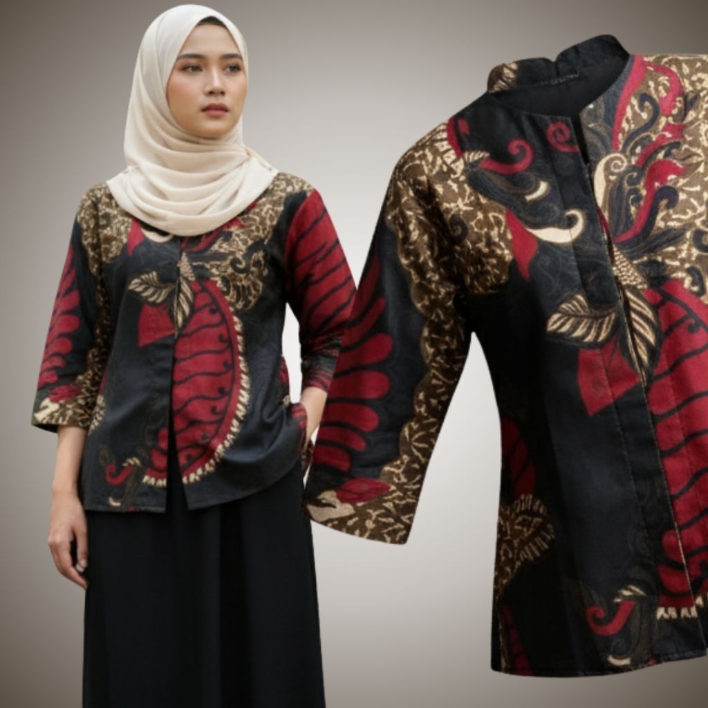 BLOUSE BATIK WANITA MODERN FULL TRIKOT MOTIF MERAH DAUN