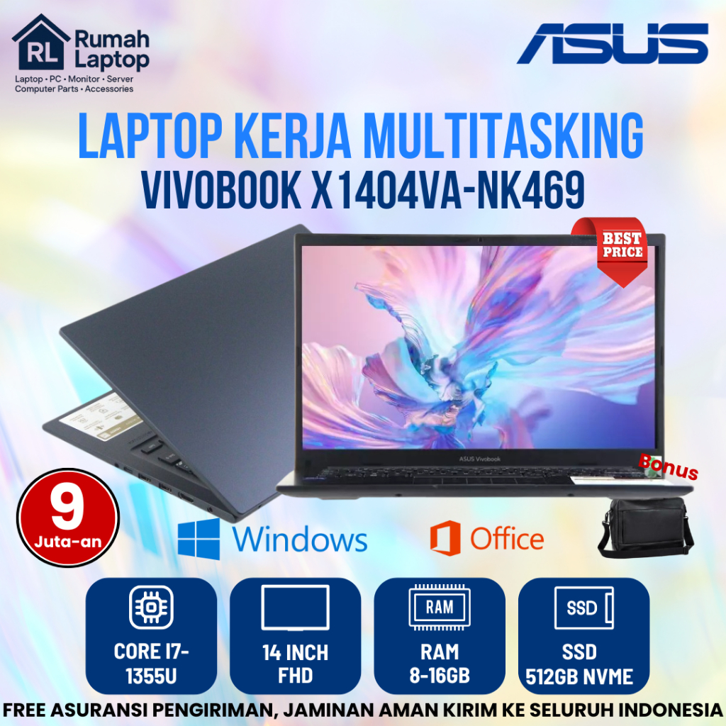 TERBARU Laptop Asus Vivobook X1404VA - NK469 Core i7 - 1355U Ram 16GB Ssd 512GB 14" FHD Laptop Kerja