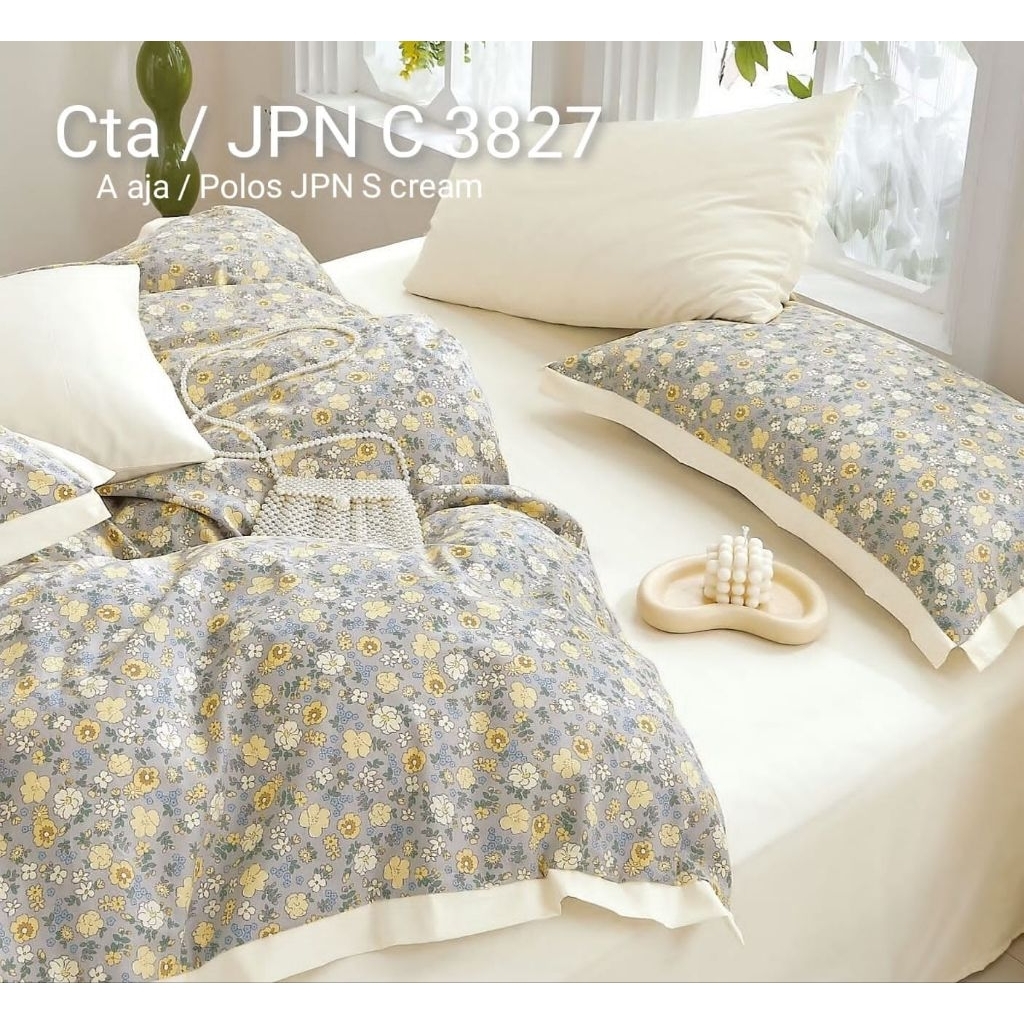Katun Jepang, Set Sprei Anti Geser dan Bedcover / Quiltcover dengan Kode C3827 motif Yellow Grey Flo