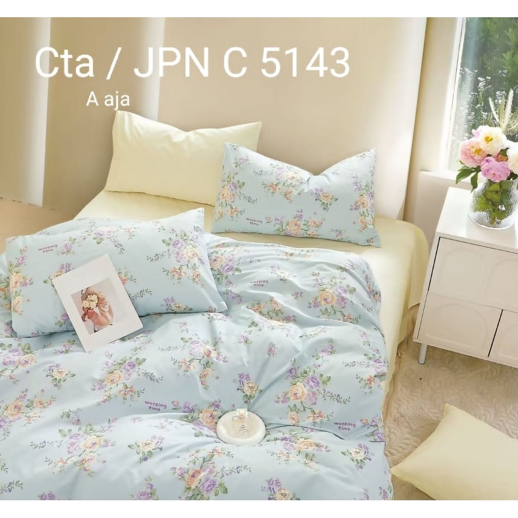 Katun Jepang, Set Sprei Anti Geser dan Bedcover / Quiltcover dengan Kode C5153 motif Pink Yellow Pur