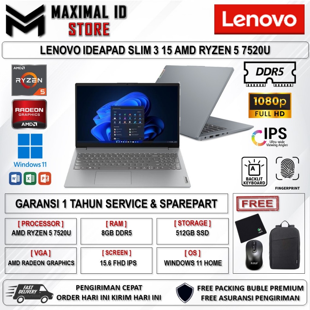 Lenovo ideapad Slim 3 15 AMD Ryzen 5 7520U 1TB SSD FHD IPS Windows 11 Original