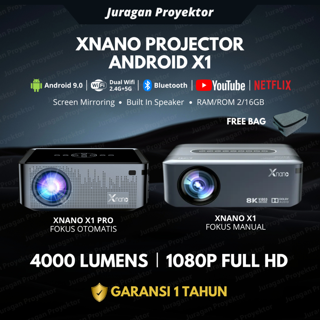 Proyektor LED XNANO X1 PRO Android Wifi 4000 Lumens | Projector Mini Portable Bluetooth Screen Mirro