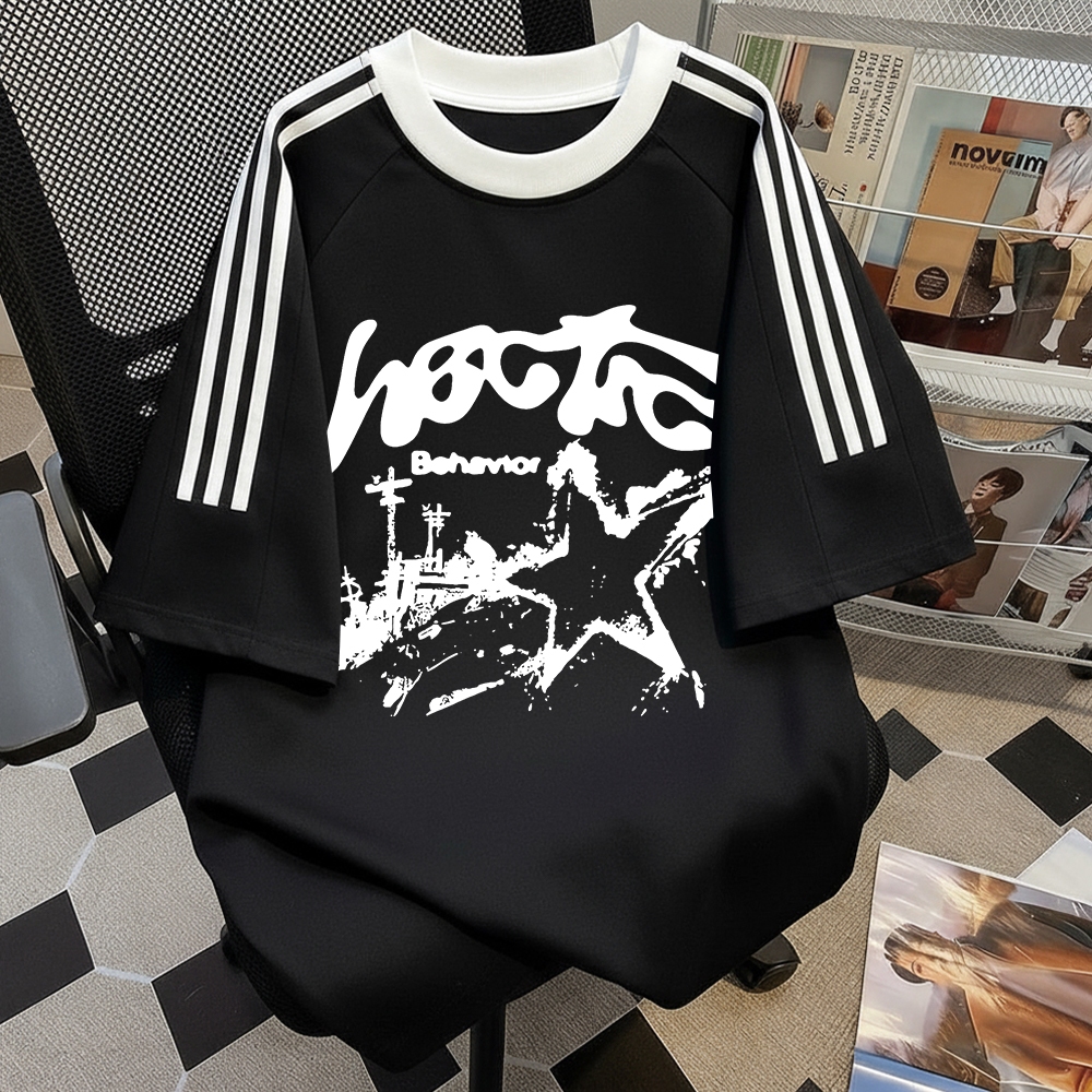 Naomifashion - Baju kaos pria boxy lengan pendek | Baju kemeja stripe hitam | Baju kaos oblong pria 