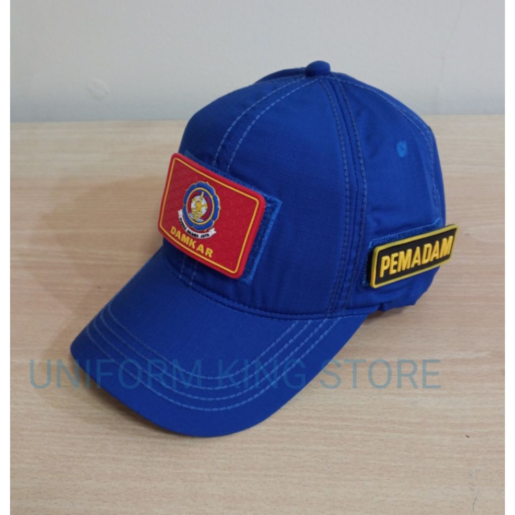 TOPI DAMKAR BIRU 3 PATCH RUBBER - TOPI DAMKAR BIRU TEMPELAN PEREKAT PATCH RUBBER