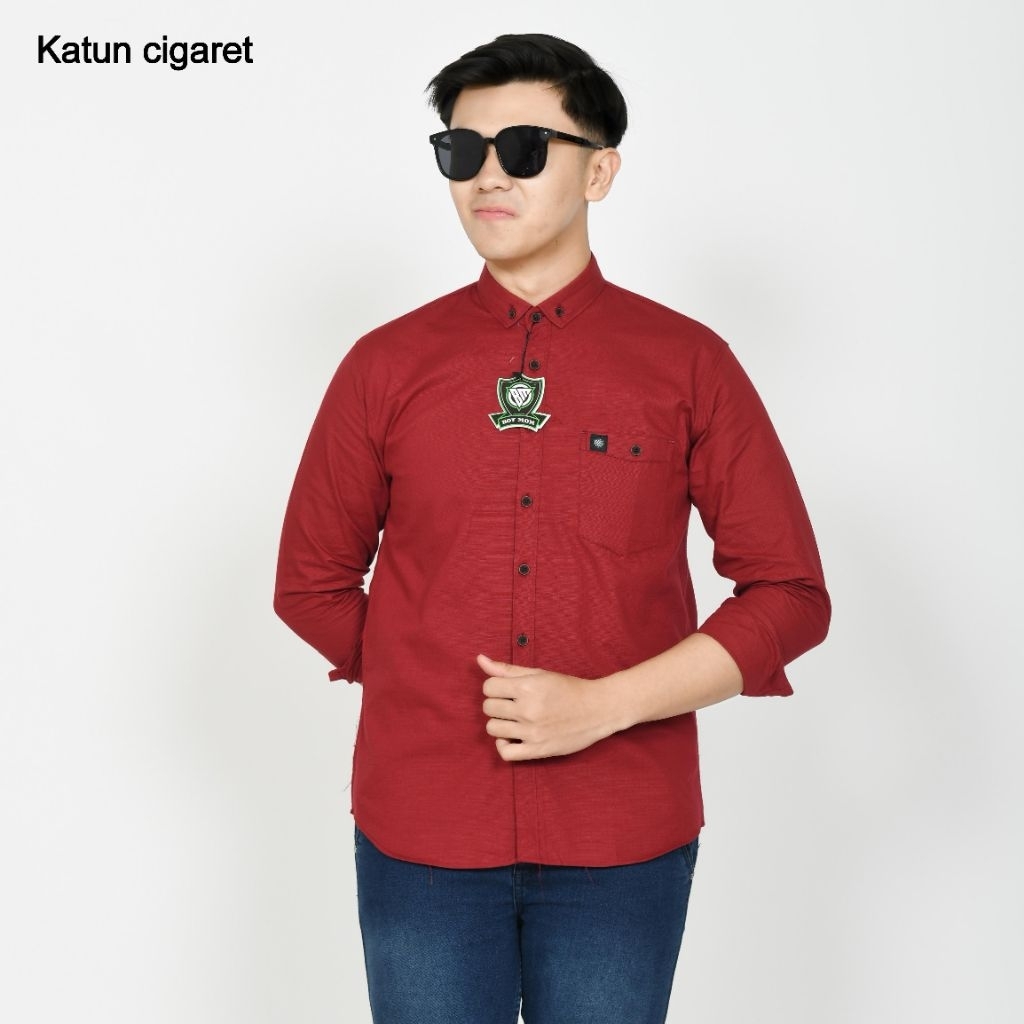 BOY MOM Teracota Cigaret Dewasa Kemeja Polos Dewasa Lengan Panjang Warna Teracota Bahan Katun Cigare