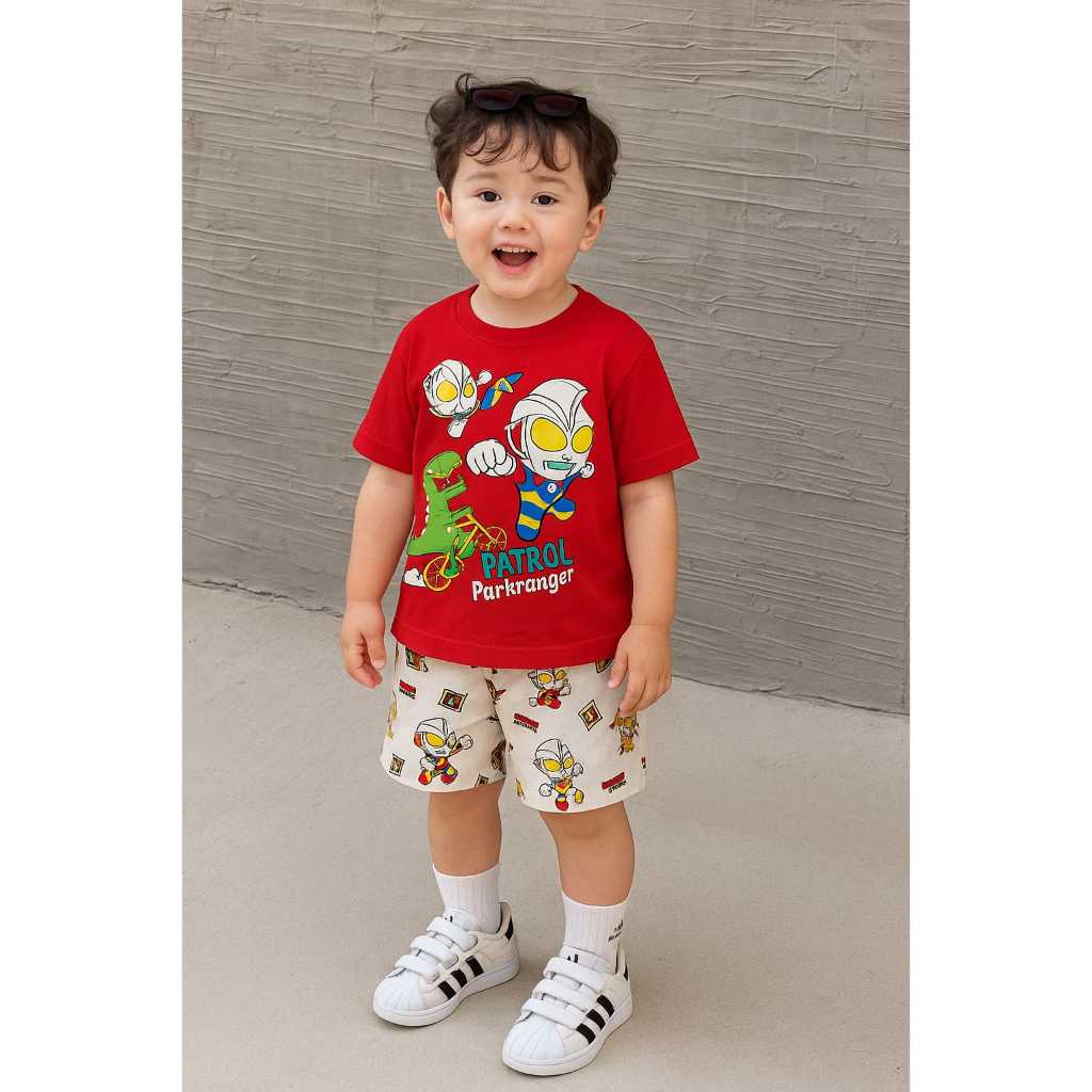 setelan baju anak laki-laki ultraman lengan pendek usia 0-7 tahun & motif random bahan katun premium