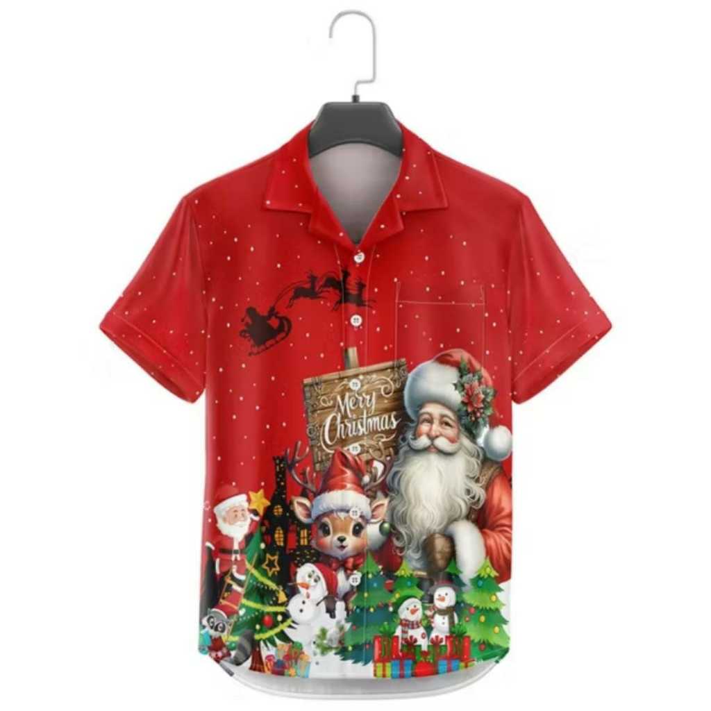 KEMEJA NATAL ANAK LAKI DAN DEWASA / BAJU ATASAN HEM PRIA CHRISTMAS MOTIF SANTA CLAUS SIZE JUMBO