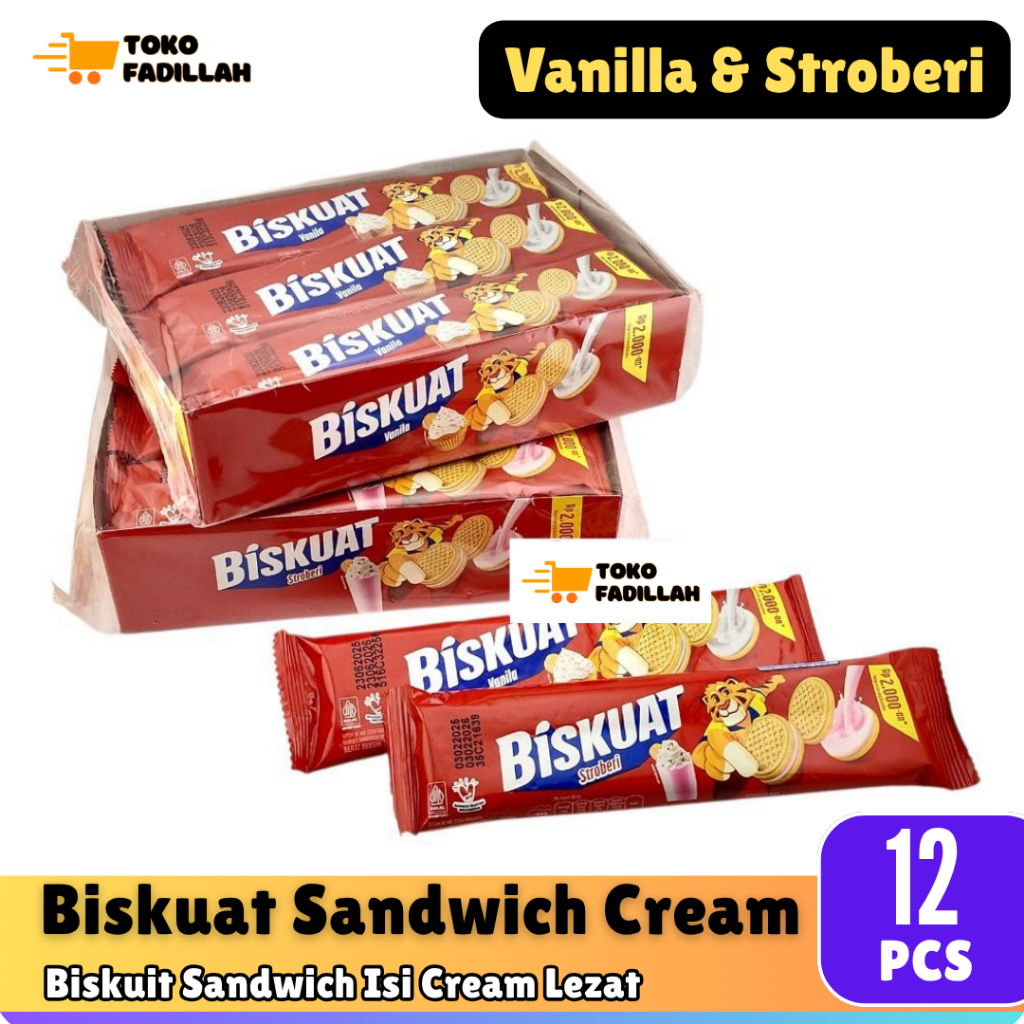 BISKUAT Sandwich Cream Box isi 12 pcs - Rasa Vanilla & Strawberry