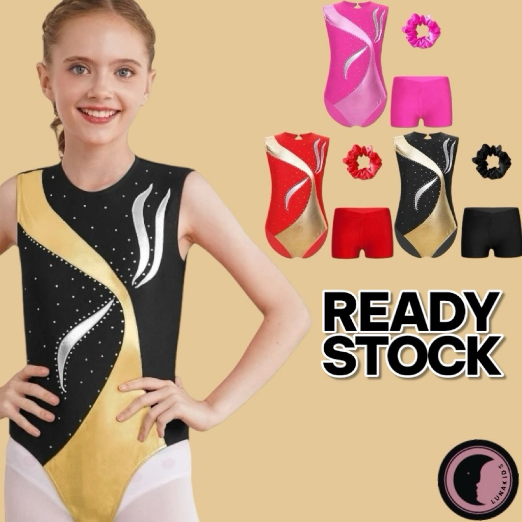 Gymnastics Leotard Baju Senam Anak Set Pants dan ikat rambut READYSTOCK