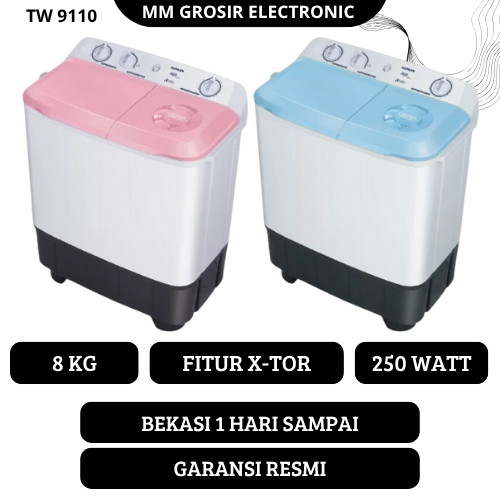 SANKEN MESIN CUCI 2 TABUNG 8 KG TW 9110 TW9110 TW-9110 LOW WATT GARANSI RESMI BEKASI MURAH