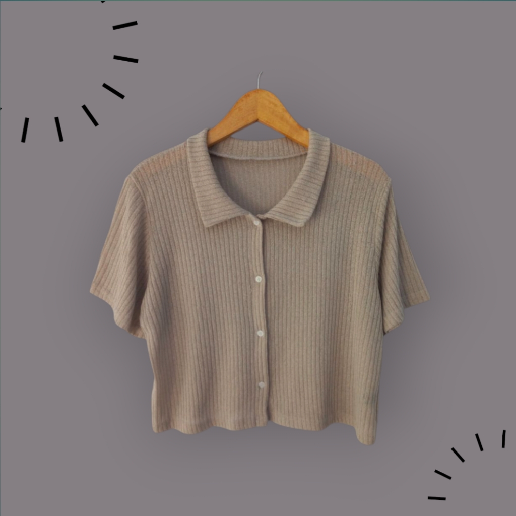 Sweater Knitwear Crop Krah Mocca Lengan Pendek