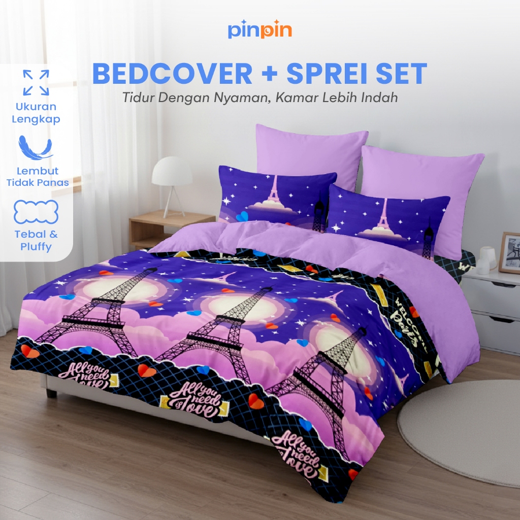 Bed Cover Set Sprei Paris Ungu Mix Lilac Ukuran Lengkap - 180x200/160x200/200x200 - Pinpin Bedcover