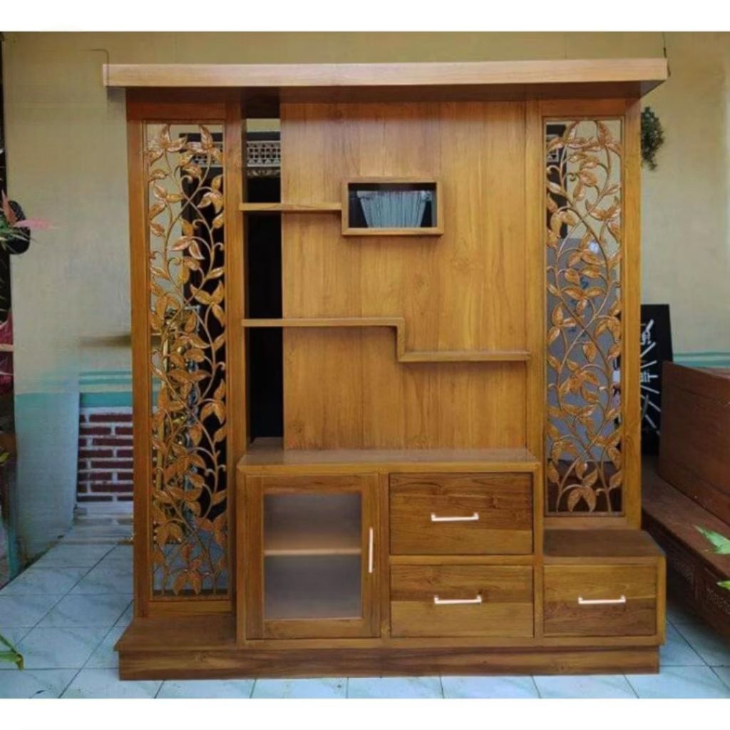bufet partisi penyekst ruangan jati, bufet penyekat ruangan jati solid