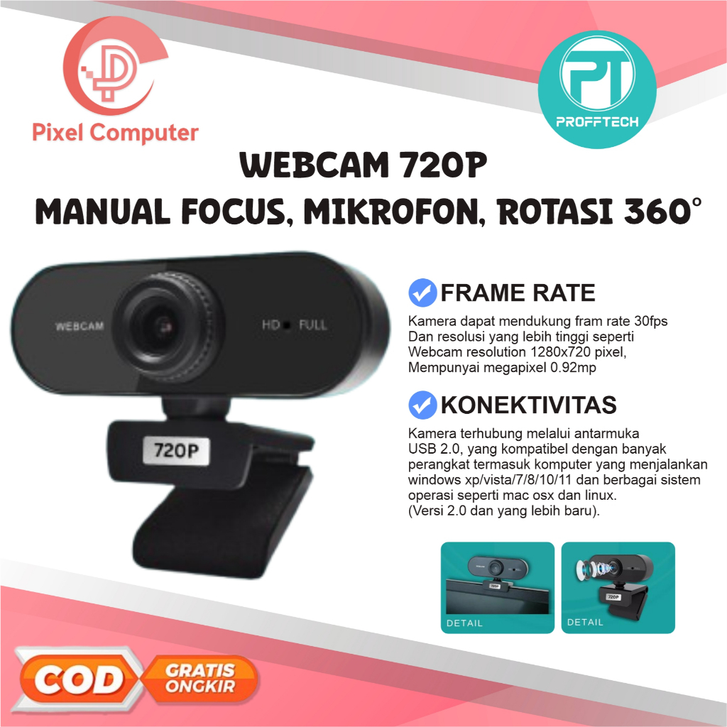 Webcam PROFFTECH 2MP 1080p Full HD Wide Angle Mic - 2 Megapixel Kamera Camera Web Cam External Ekste