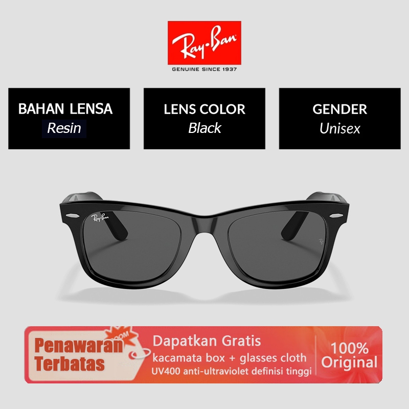 Kacamata Hitam Ray-Ban Original 100% WAYFARER CLASSIC RB2140 54mm Black Green Wanita Pria Sunglasses