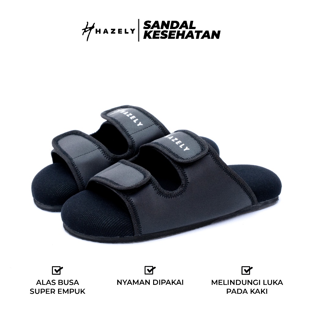 Sandal Diabetes Super Empuk - Sandal Kesehatan Wanita/Pria Super Empuk - Jeff Hitam - HAZELY INDONES