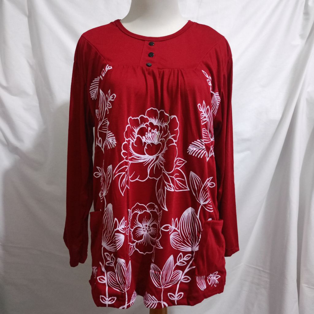 Baju Kaos Oversize Blouse Motif Bunga Lengan Panjang Wanita