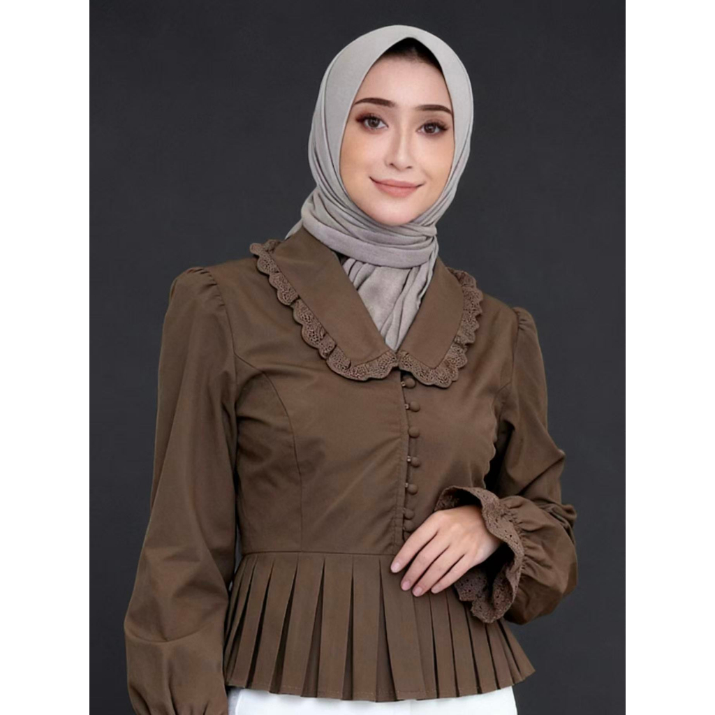 Atasan Kemeja Lipit Elegan Warna Solid Coffee/White | Atasan Wanita Trendy | Kemeja Ruffle Kerah | A