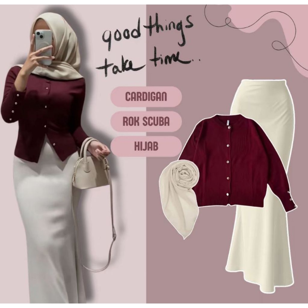 Setelan Wanita / One Set Wanita / Cardigan Knit + Hijab Paris + Lunar Rok Mermaid  / Setelan Wanita 