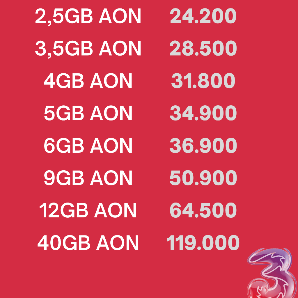 Kuota Paket Data 3 Three Tri AON 2,5GB 3,5GB 6GB 9GB 12GB