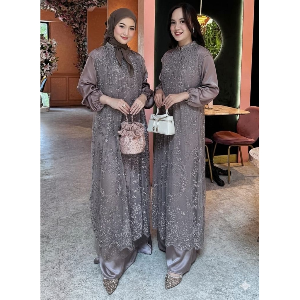 Yeona Dress Set Outer Brukat Mix Tille Sparkling Gamis Pesta Kekinian Ootd Hijab Dress Seragam Kelua