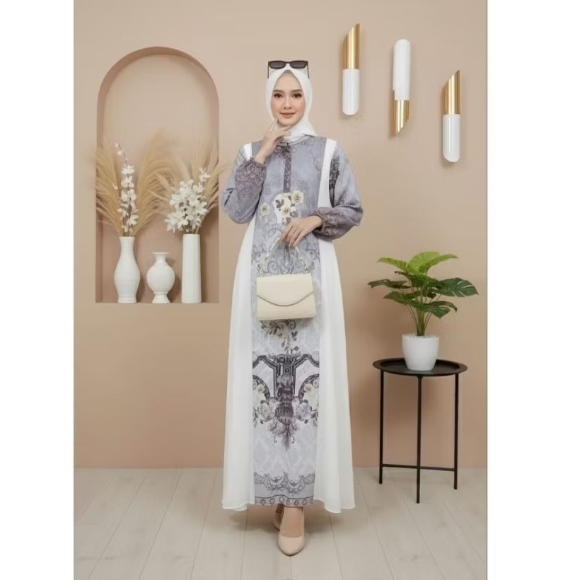 Gamis Putih Ceruti Babydol Motif Printing Busui Dres Muslimah Mewah Long Dress Wanita Exclusive