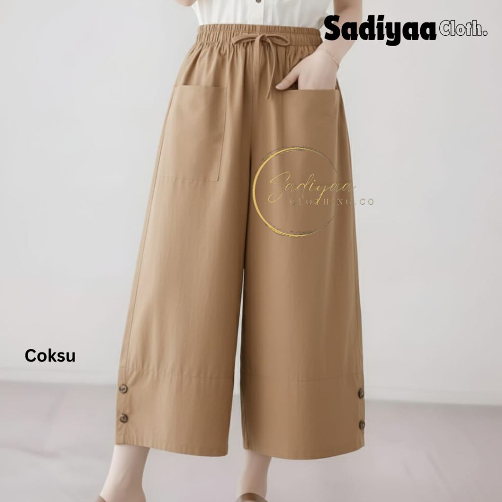 Kulot Linen Rami Button Pants Wanita – Celana Lebar Adem Big Size