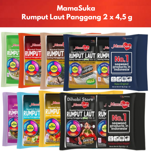 MamaSuka Rumput Laut Panggang 2 x 4,5 Gram Original , Barbeque , Spicy , Ghost Pepper , Jagung Bakar