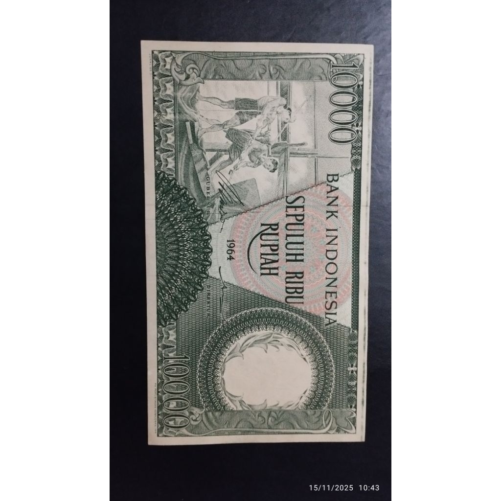UANG KUNO 10.000 RUPIAH SERI PEKERJA HIJAU TAHUN 1964 BAGUS