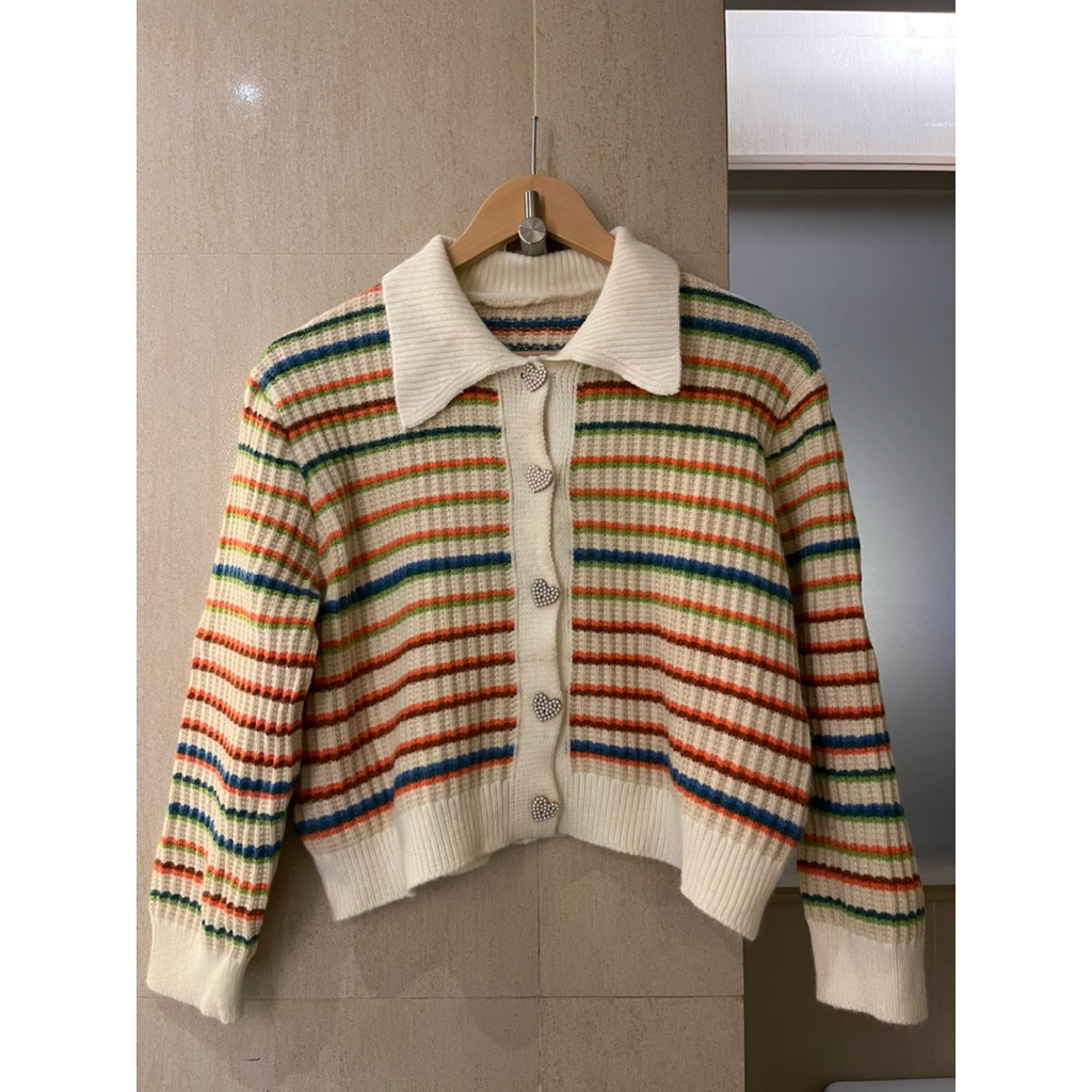 Atasan/Cardigan Semi Crop Knit Salur Rainbow
