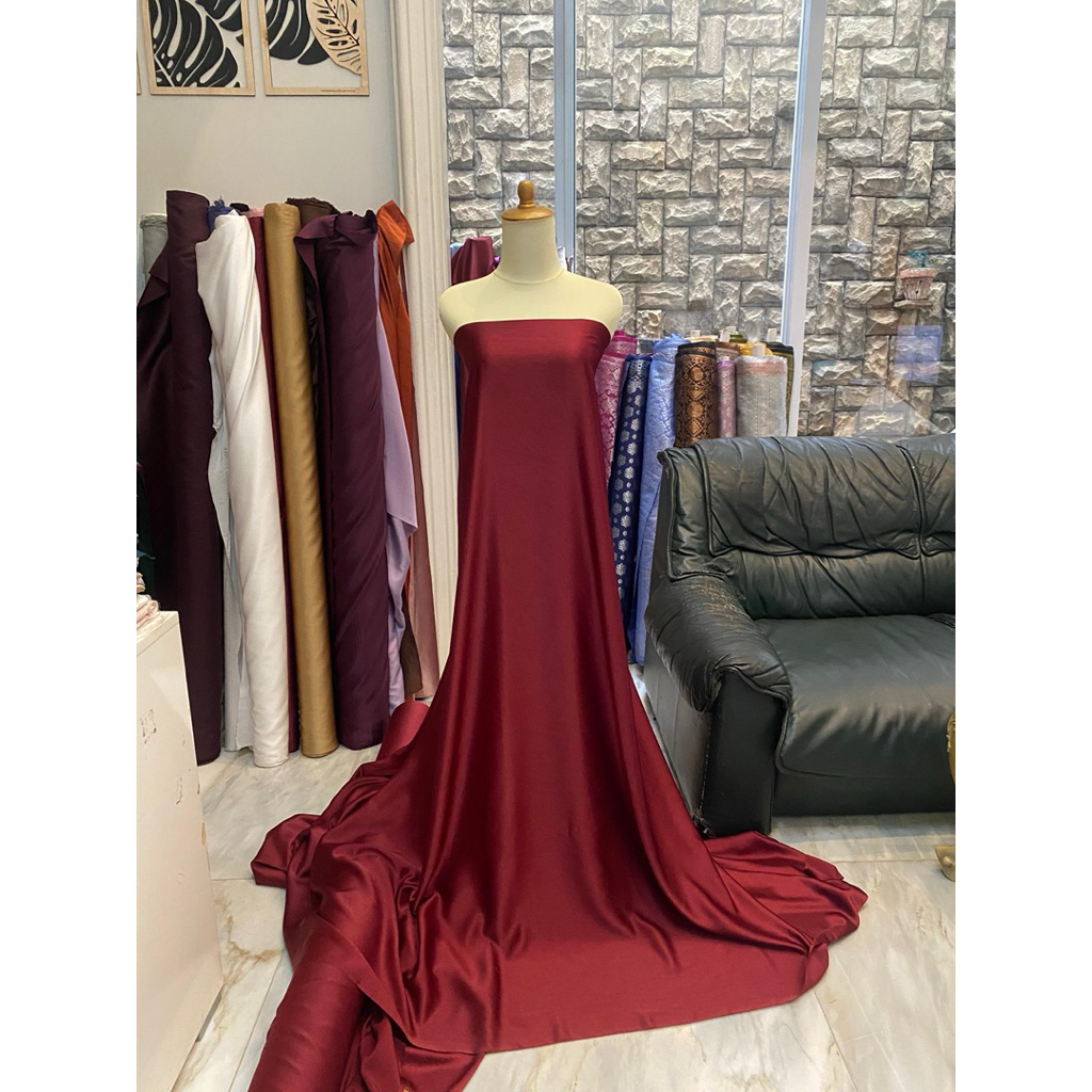 Kain Satin Maxymara Maksmara Maxxmaraa Silk Bahan Gamis Dress Mewah Warna Merah Maroon Red