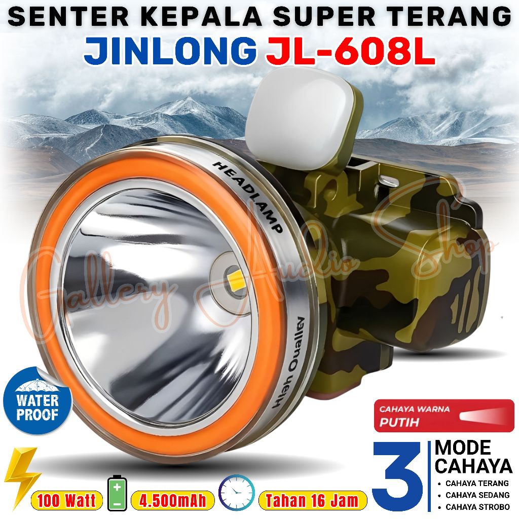 Senter Kepala Premium JINLONG JL-608L Super Terang LED 100 Watt + Ada Lampu Emergency | Senter Kepal
