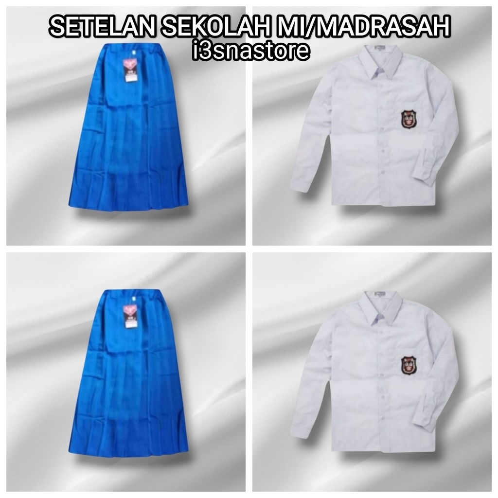 setelan sekolah MI/MADRASAH Rok Biru Benhur panjang & Baju putih lengan panjang perempuan/ROK SD/ROK