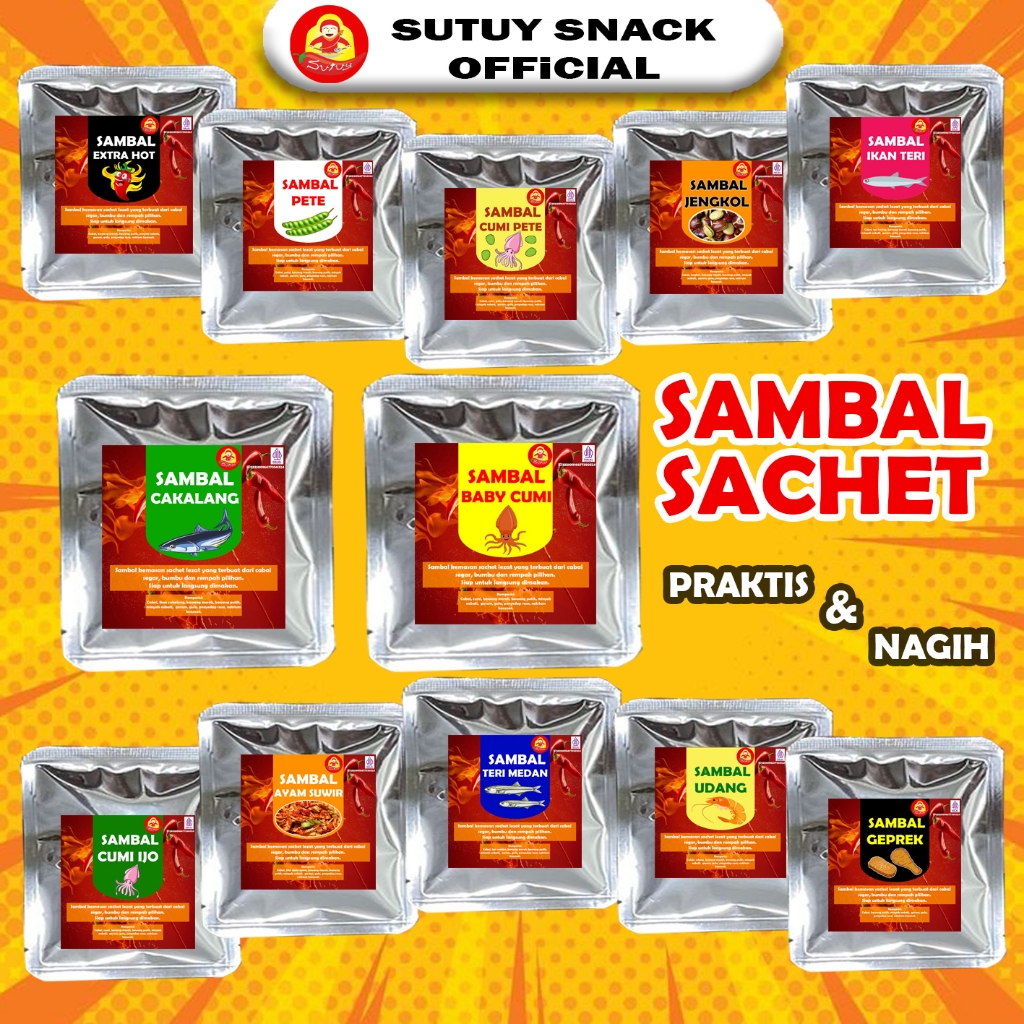 SAMBAL KEMASAN SACHET BABY CUMI/SAMBEL CAKALANG/PETE/CUMI IJO/TERI/GEPREK/EBI/EXTRA HOT/TERI MEDAN/A