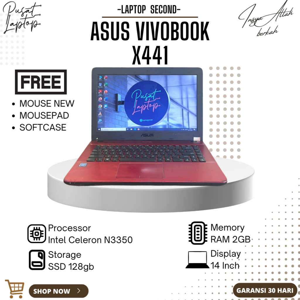 LAPTOP ASUS VIVOBOOK X441S SECOND | INTEL CELERON N3060 | RAM 2GB | SSD 128GB | BERGARANSI