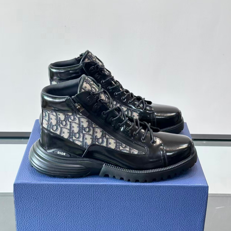 Dior high-end fashionable boots with shiny cowhide and floral casual high top sports men's shoes
