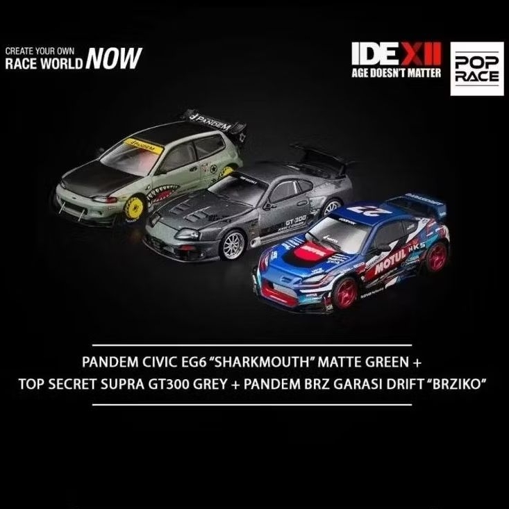 Pop Race Pandem Honda Civic EG6 Sharkmouth Matte Green + Top Secret Toyota Supra GT300 Grey + Pandem