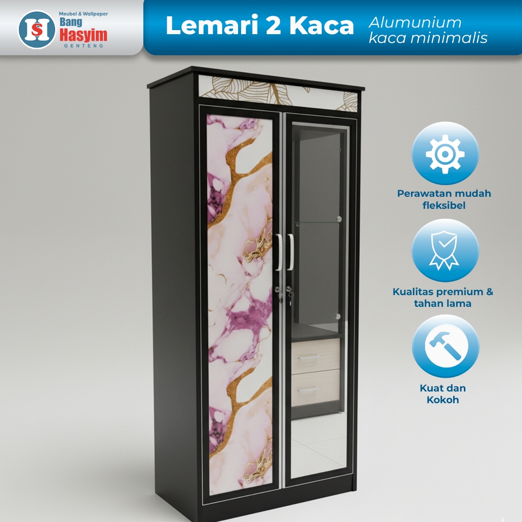 BANG HASYIM Lemari 2 Pintu Kaca Aluminium Lemari Kaca Minimalis Lemari Pakaian Lemari Dapur Lemari R