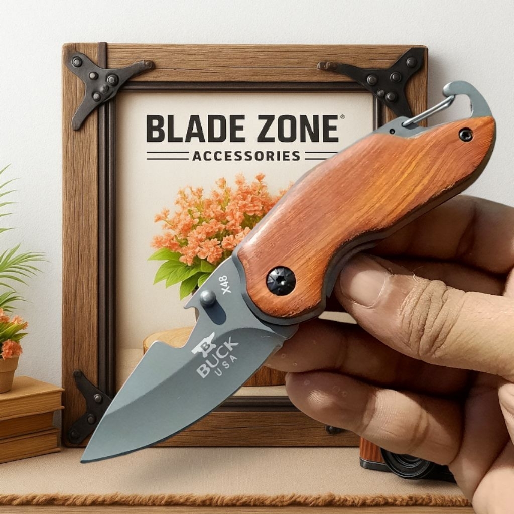 Pisau Survival Lipat Buck X48 Gagang Kayu Ergonomis / Pisau Tactical / Survival Kit