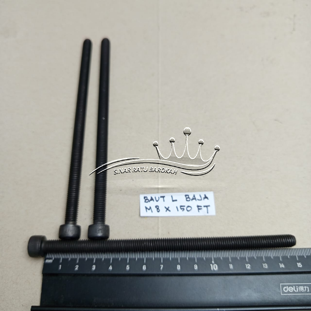 BAUT L BAJA M8X150 FULL DRAT PANJANG 15CM 15 CM M8 X 150 BAUD 12 HITAM DIAMETER DRAT 8MM KUNCI L 6 L