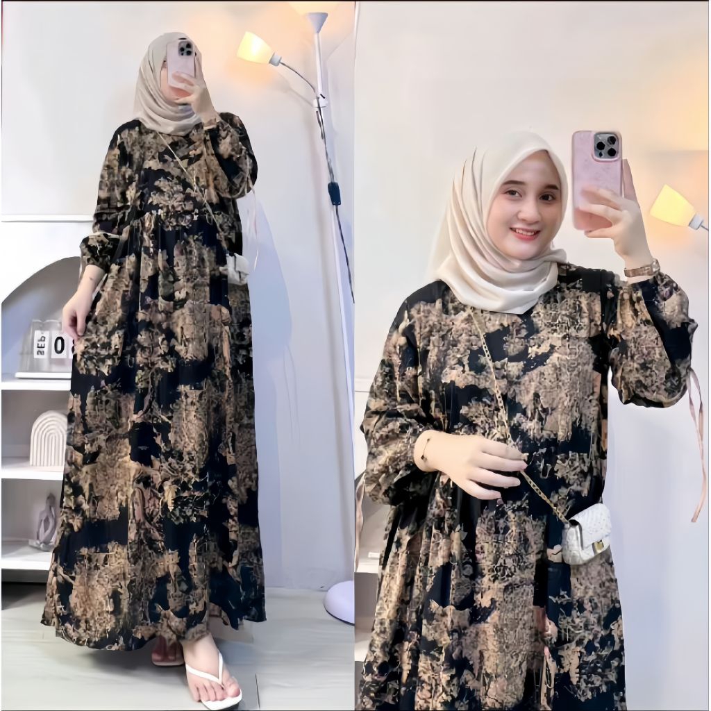 Aurel  Midi Dress Motif Pita Model Lengan Balon Bahan Rayon Premium -Busana Muslim Wanita Gamis Rayo