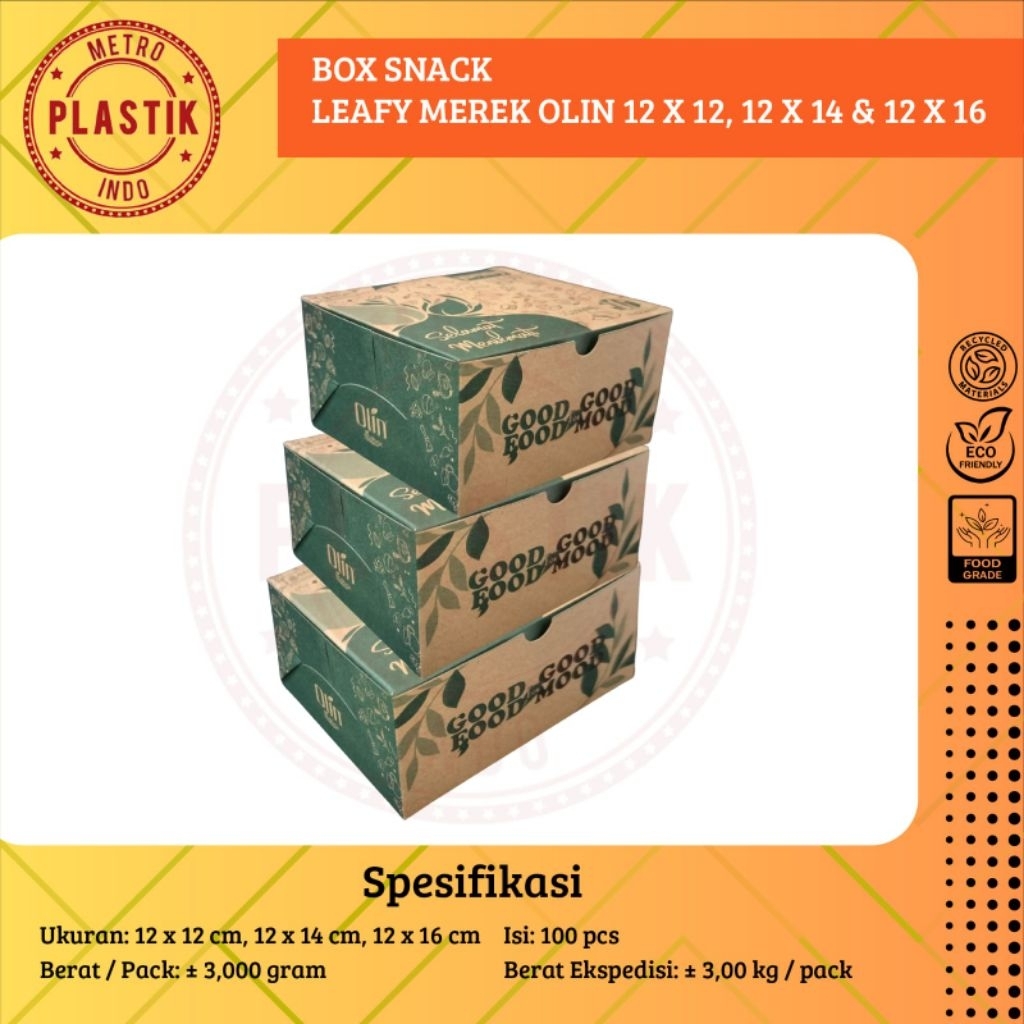 100 pcs Box Snack Olin Eco Leafy 12x12 12x14 12x16 / Dus Kotak Kue Roti Motif 12 x 12 / 12 x 14 / 12