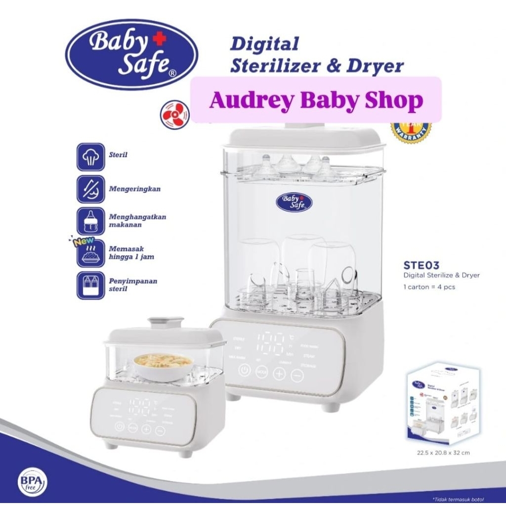 Baby Safe - STE03 Alat Steril Botol Susu & Pengering Digital | Menghangatkan Botol Susu dan Kukus da