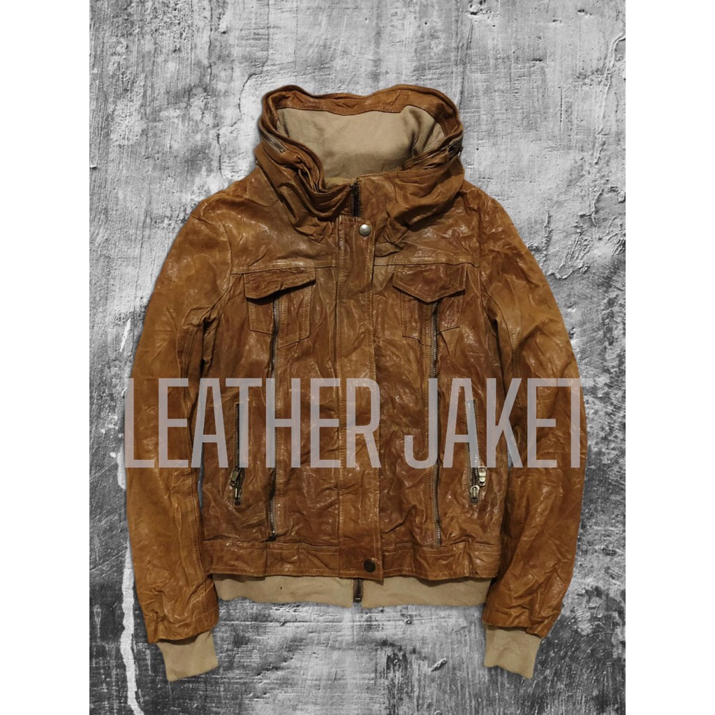 Leather jaket berhoodie 100% bahan kulit asli warna mocca cakep banget second preloved