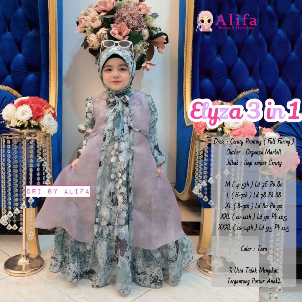 ELYZA 3in1(ORI Alifa) Pakaian muslim gamis syar'i anak cewek terbaru/Baju pesta lebaran anak perempu