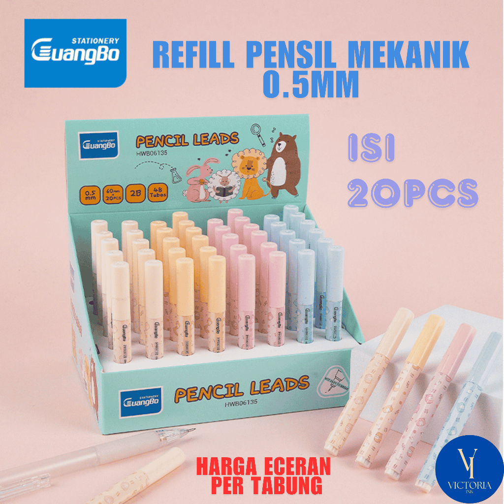 (GuangBo) Pensil Mekanik 0.5mm Isi 20 Pcs Lead Pensil Mekanikal Karakter Warna Pastel 2B Kuat Tidak 