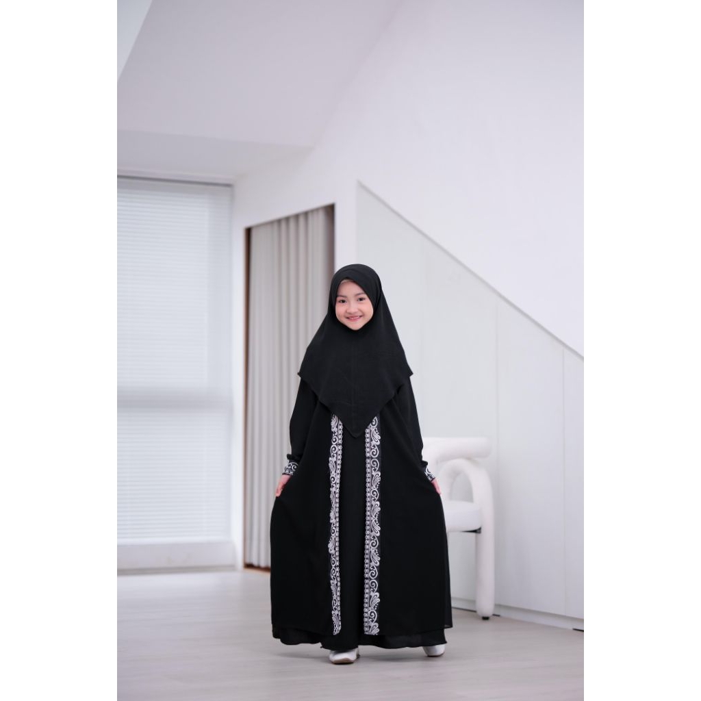 Gamis Hitam Abaya Anak Perempuan Set hijab Cringkel Tanggung 2-13 Tahun