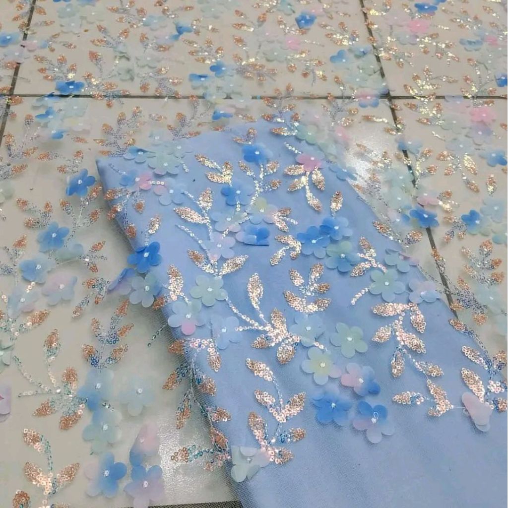 KAIN/BAHAN TILE BUNGA 3D TIMBUL/tile bunga shifon 3d gliter mewah