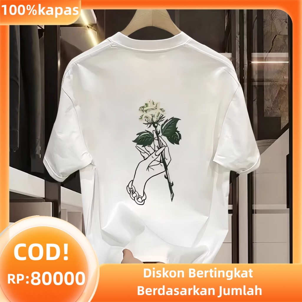 Kaos Pria Katun Adem Bunga Mawar Streetwear