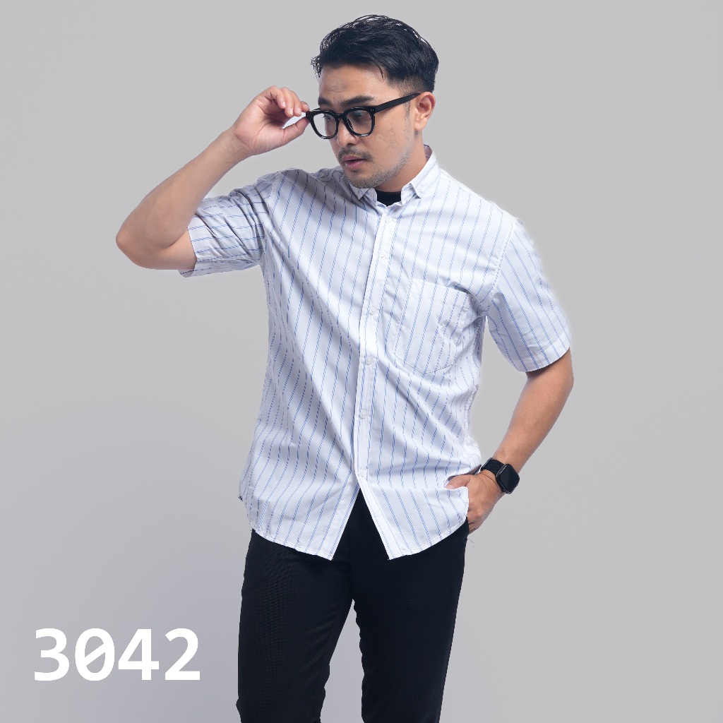 PAKAJI Kemeja Pria Salur Lengan Pendek Premium  Kemeja Stripe Pria Kemeja Garis Pria Slimfit Putih G